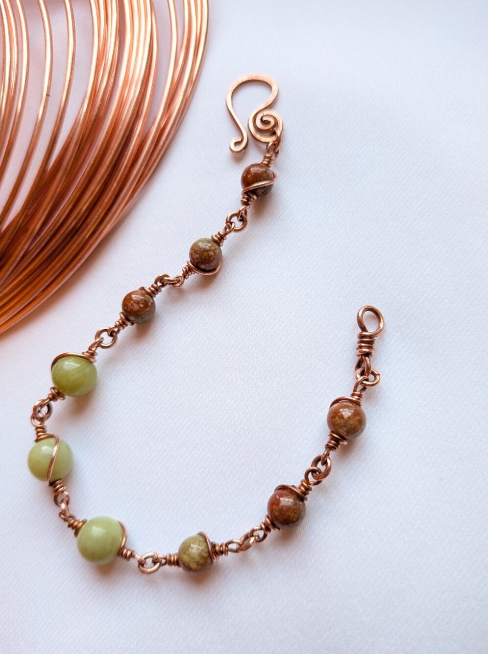 Artisan Copper Chain Bracelet-Natural  Jasper-Green Serpentine Gemstones